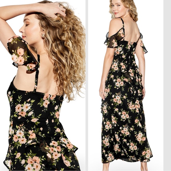 NWTS💓THE OCCASION M💓PREMIUM LINE OFF SHOULDER BLACK RUFFLED CHIFFON MAXI DRESS - Picture 1 of 16